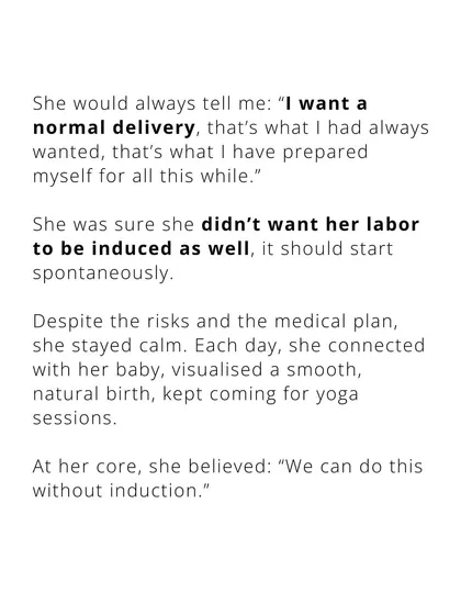 She was clear: "I want a normal delivery." Despite the risks, she stayed calm, connected with her baby, and kept up with her yoga sessions, believing her body could do it.
