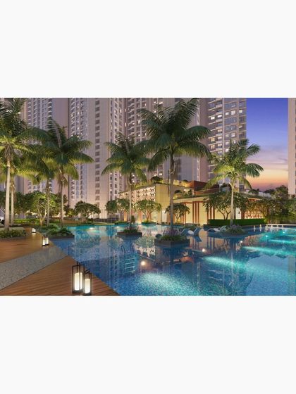 The pool and amenity deck of a large residential township, designed to create an oasis-like experience for residents within a dense urban environment.