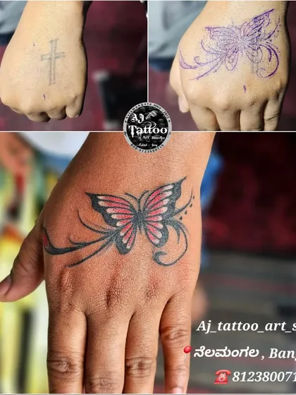 A great example of a fresh start. I transformed a simple cross tattoo on the hand into this vibrant, detailed butterfly design, giving my client a piece she is now proud to wear.