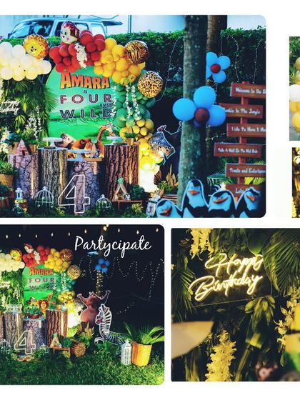 This collage shows a fun Madagascar-themed party. I used props of the characters from the movie and lots of jungle foliage to create a vibrant and exciting atmosphere.