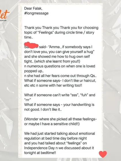 Our work extends beyond academics to nurture emotional intelligence. This heartfelt message from a parent shows how a simple classroom discussion about feelings helped her child articulate fears and practice self-love. This is the heart of our mission.