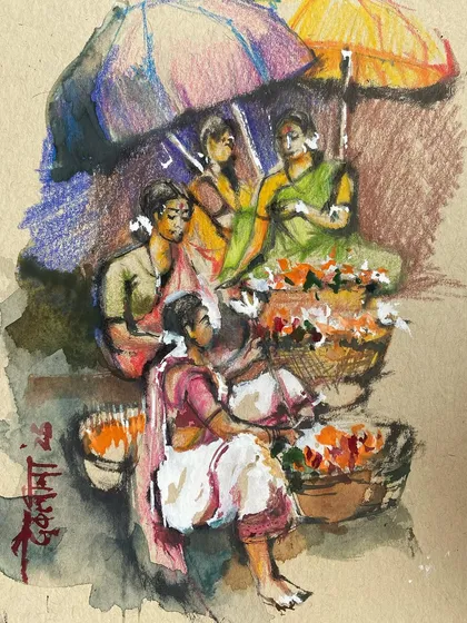 A quick practice sketch of a flower market scene using mixed media on tanned paper. I love witnessing the energy and colors of local markets in person.