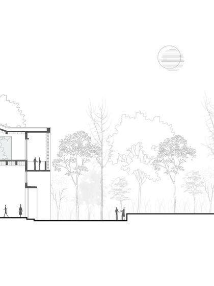 Another sectional drawing for the Goa institute, showcasing the building's interaction with the natural slope of the land and the lush, tropical environment.