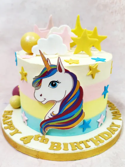 Another shot of the unicorn and rainbow cake, showing the delightful arrangement of stars and spheres.