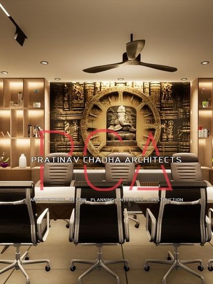 This render for the Hari Mandir office shows the main meeting area, centered around a large table with a stunning, backlit Ganesha mural as the focal point.