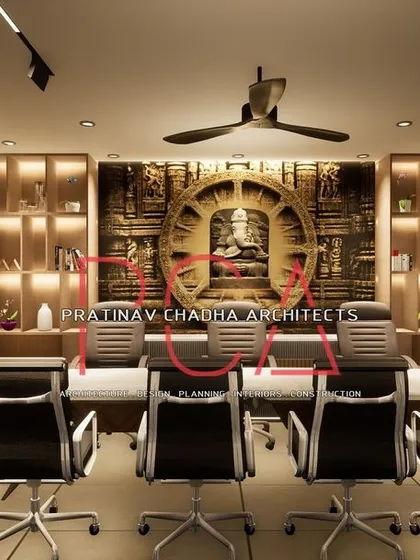 This render for the Hari Mandir office shows the main meeting area, centered around a large table with a stunning, backlit Ganesha mural as the focal point.