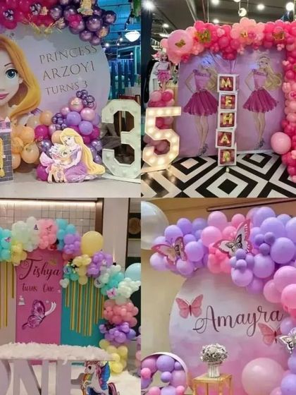 A collage showcasing various princess and fairytale themes we've created, from Rapunzel to butterfly princesses, highlighting our versatility in balloon decor.
