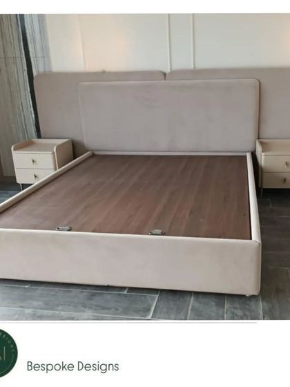 We designed this bed with a wide, plush headboard and integrated floating nightstands for a seamless, modern look. The neutral upholstery ensures it can blend with various color schemes and decor styles.