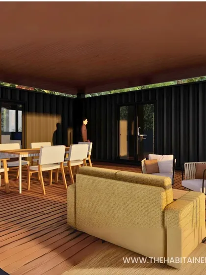 Another render of the deck area, showcasing the comfortable outdoor seating arrangement.