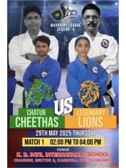 The matchup poster for Match 1 of the Warriors League, pitting the Chatur Cheetahs against the Legendary Lions. Each team is led by experienced instructors and captains.