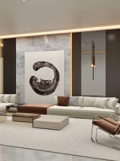 A different perspective of the minimalist living room, highlighting the low profile furniture and the seamless connection to the outdoor space through glass walls.