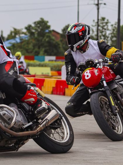 A rider navigates a tight corner at the RE GT Cup Zonal Selection in Mumbai. These smaller tracks test a rider's agility and control.