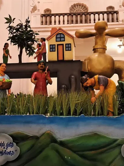 Art can also carry an important message. For this float, I created a scene about water conservation and farming, with a giant golden tap as the centerpiece to grab attention and make people think about this vital resource.