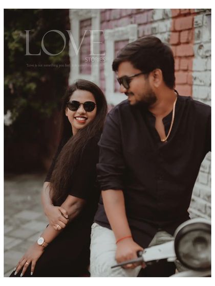 A stylish portrait of the couple on a scooter, with the title "Love is a journey."