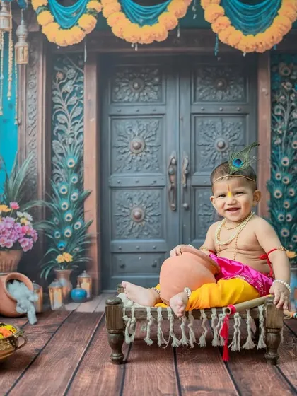 A grumpy but adorable face from this little Krishna on the cot.