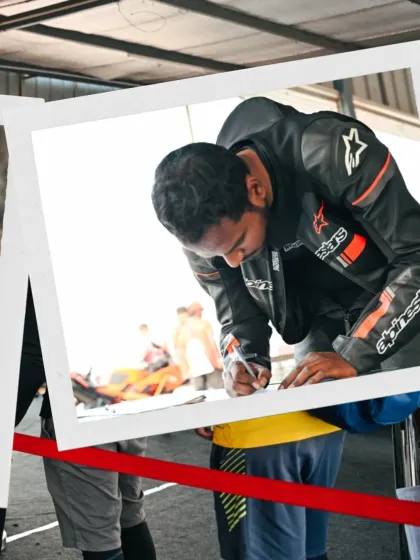 A collage from our track school, showing a rider signing up for the event.