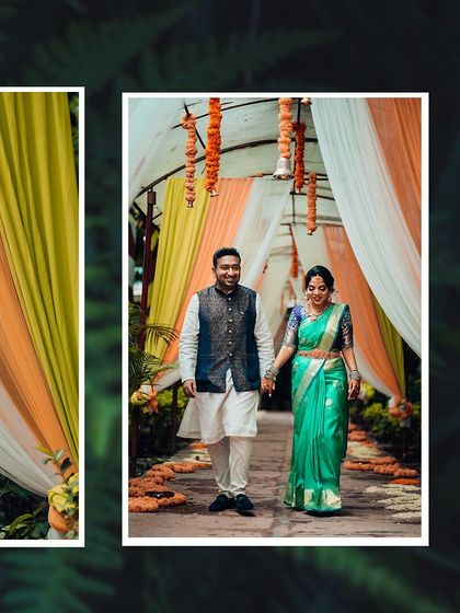 A clean and modern album layout, using graphic elements to frame a photo of the couple walking hand-in-hand.