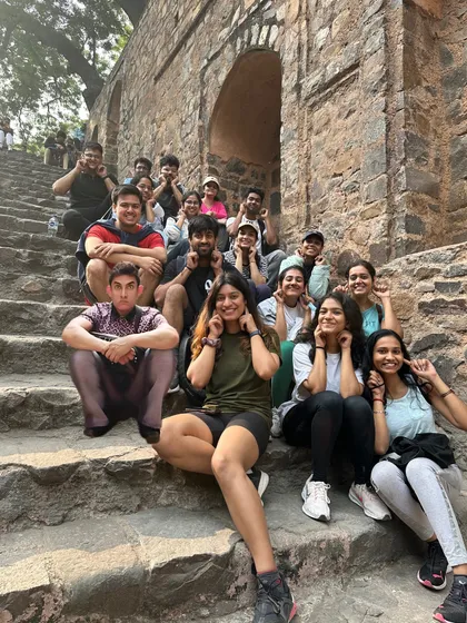 "PK hai ke?" Having some fun at the Agrasen ki Baoli stepwell, a hidden gem we visit on our Lutyens' tour. It's always a great spot for a memorable group photo.
