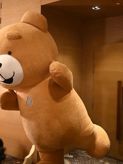 Our brown Teddy Bear strikes a playful pose. Our performers are experts at bringing these characters to life with fun and expressive body language.