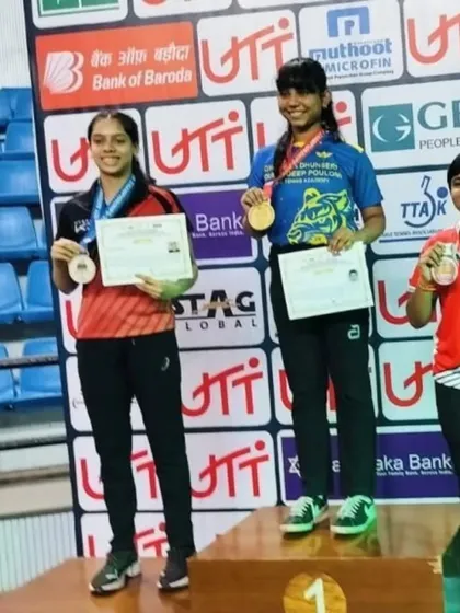 Ananya Chande on the podium receiving her U-19 silver medal at the National Ranking (South Zone) Championship in Thiruvananthapuram. Each national-level medal is a milestone in a player's competitive journey.
