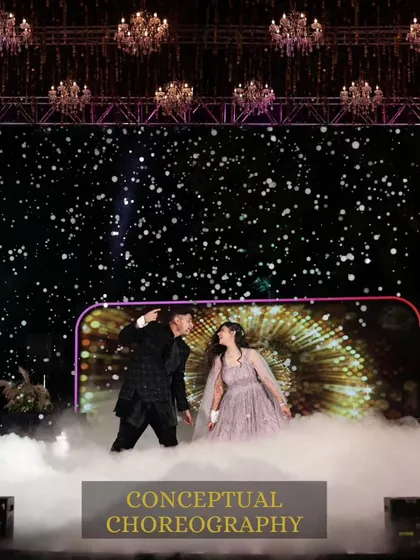 A truly cinematic moment from a conceptual couple dance. We use effects like low fog and a starry background to create a magical atmosphere, making you feel like the main characters in your own movie.