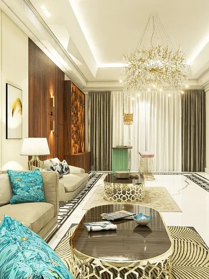 This living room interior is designed for a high-end residential project, featuring plush sofas, intricate coffee tables, and a stunning floral chandelier. The design combines classic luxury with modern comfort, using a neutral palette with pops of turquoise.