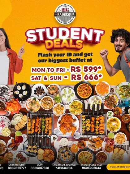 Student Exclusive: Feast on the Biggest Buffet and BBQ. Flash your ID for the best deals, starting at ₹599.