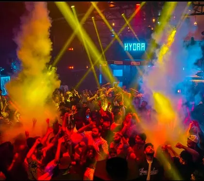 This is the view from my console at Hydra. A sea of people, hands up, with smoke cannons firing. This is the massive energy I bring to every Bollywood disco night.