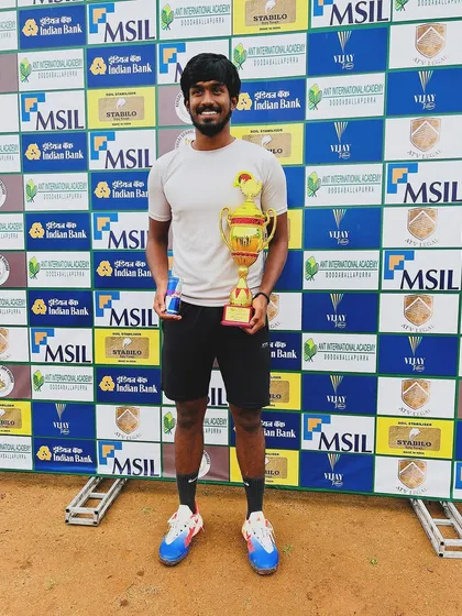 Consistency is key in professional tennis. Here is our player Oges celebrating back to back wins after securing the 1 Lakh Men's Singles title, a result of his relentless hard work and our structured training program.