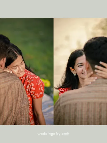 A diptych showing two intimate moments: one of the bride-to-be resting her head on her partner's shoulder, and another of her peeking playfully.