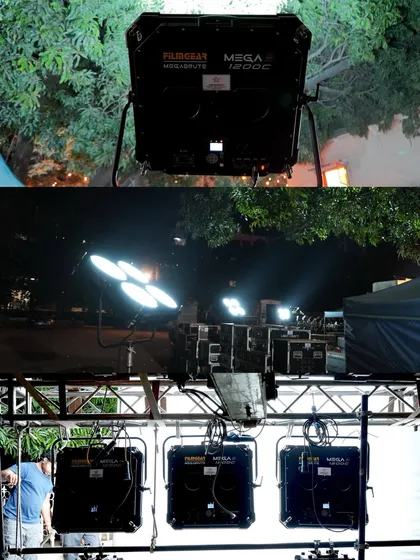 A collage showing the Filmgear Mega 1200C in various configurations, from being hung on a truss to mounted on a stand.