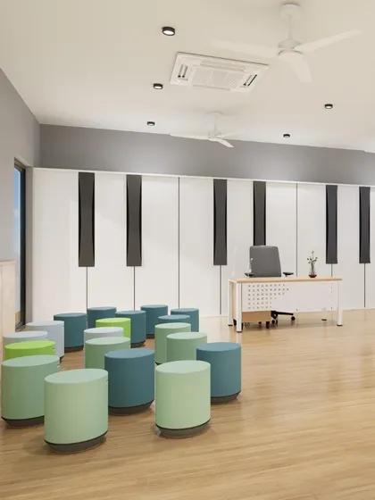 The music room at Euro School, Airoli, with storage cabinets designed to look like piano keys. This thematic design detail makes the space fun and inspiring for young musicians.