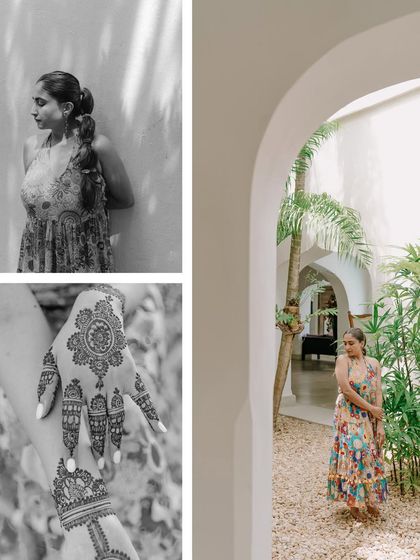 A collage of black and white and color shots from the Kenya Mehendi. This collection captures the bride's serene moments, the details of her henna, and the beautiful, natural setting.