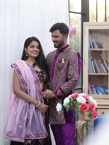 This happy couple looks picture-perfect in their matching purple ethnic outfits. Renting a coordinated set from me saves you the time and stress of shopping.