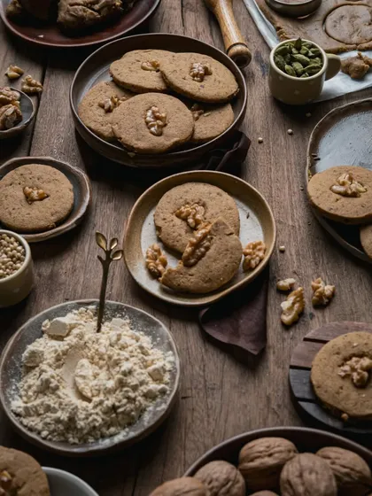 A detailed shot focusing on the different textures in the cookie scene, from the crumbly cookies to the smooth flour and rough walnuts.
