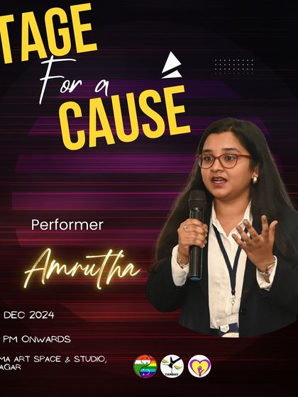 Amrutha, a powerful speaker, takes the mic at our event. We welcome storytellers and poets who can move the audience with their words.