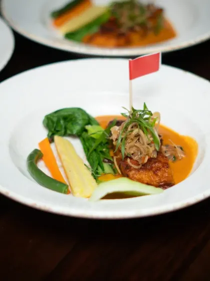 A beautifully plated dish from our Eat Pray Love brunch in Bangalore. The vibrant colors and fresh ingredients reflect the Bali portion of the film, offering a taste of island life and newfound love.