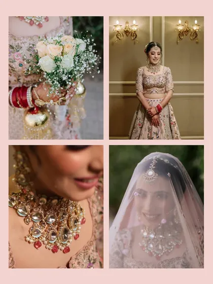 A beautiful collage of bridal details, including a close-up of her stunning kundan necklace, her bouquet of white roses, and her smiling face under the veil.