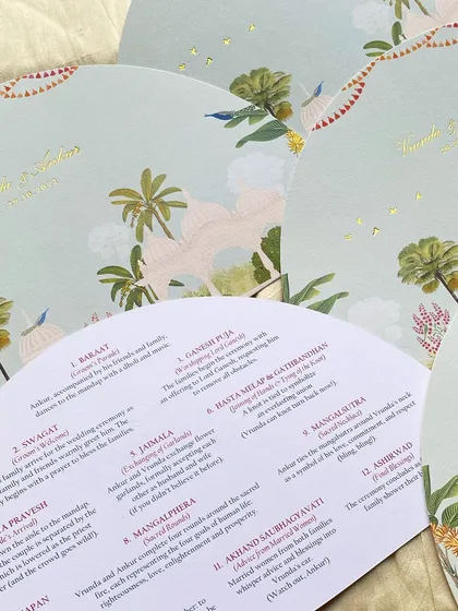 A close-up of the fan-shaped ceremony programs for the Arizona wedding. The back of the fan explains the different parts of the Hindu wedding ceremony, which is a helpful guide for guests.