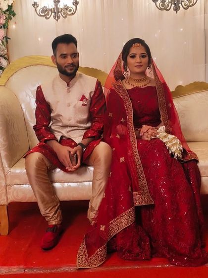 A wedding portrait of a lovely couple. I created a soft and pretty look for the bride in her red lehenga, and a natural, clean look for the groom.