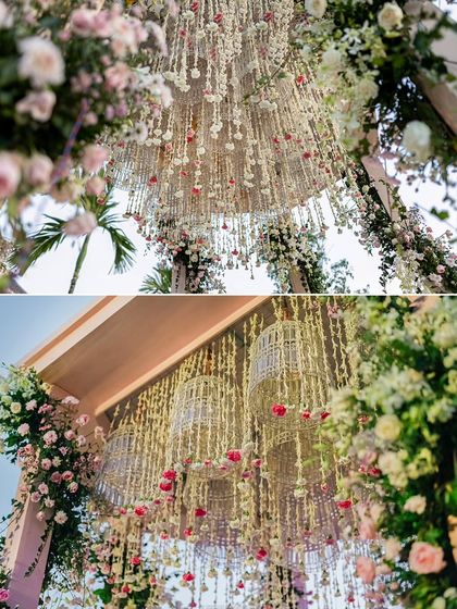 A composite shot of the Varmaala mandap by the backwaters. The top image shows the intricate ceiling of cascading jasmine and rose chandeliers, while the bottom shows the full structure adorned with lush floral pillars.