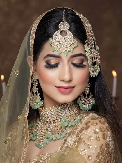 A dreamy bridal look with a mint green beaded set. The soft color palette is perfect for pastel lehengas and daytime events.