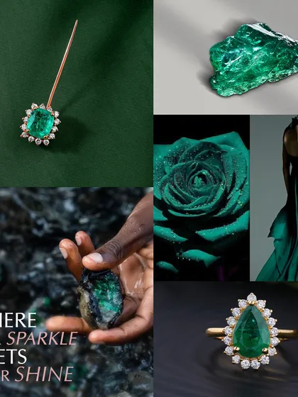 My emeralds and your luxury, a perfect harmony. This mood board captures the essence of the emerald, from the raw stone to the final polished piece, reflecting a world of elegance and shine.