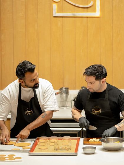 A moment of collaboration between Chef Vinesh Johny and Chef Andres Lara, celebrating a decade of friendship and a shared passion for pastry.