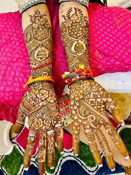 A stunning full-arm bridal design with a mix of floral, geometric, and teddy bear motifs. This shows how we can blend traditional intricacy with playful, personal elements.