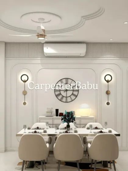 An elegant dining room setup featuring classic wall molding, modern circular sconces, and a statement clock. The design feels timeless and sophisticated, perfect for formal dinners.