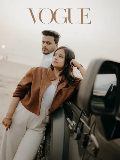 A high-fashion, Vogue-inspired portrait with their Thar. This image showcases a stylish and modern approach to pre-wedding photography, perfect for the fashion-forward couple.