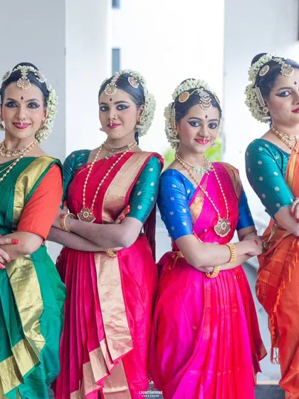 A proud moment with my senior dancers. Their confidence and poise reflect their long journey with Bharatanatyam and their dedication to the art form.