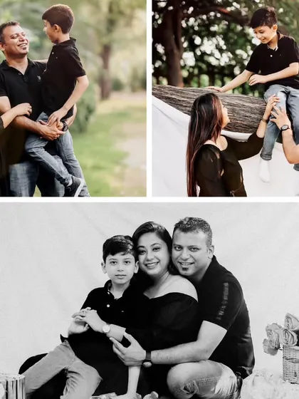 This set of images showcases the variety we capture in one outdoor family session, from group poses and playful action shots to a classic black and white portrait.