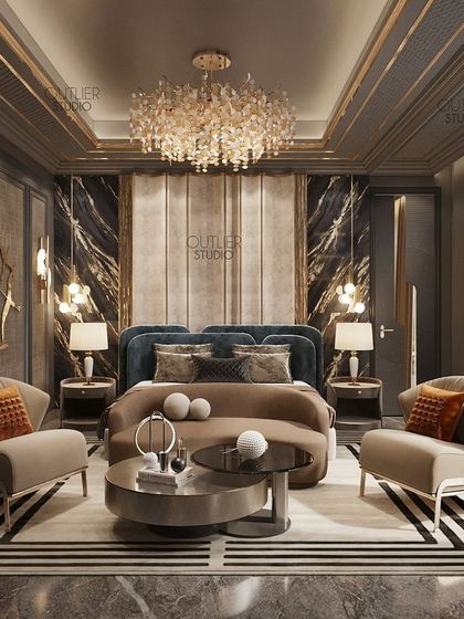 Transforming dreams into reality with this dark-themed luxe bedroom. The space is a perfect blend of sophistication and comfort, with a statement headboard wall combining marble, upholstery, and dramatic lighting.